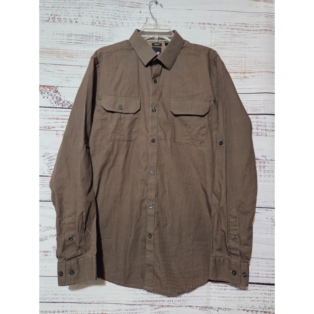 J. Ferrar Mens Slim Fit Houndstooth Button Down Shirt Brown Black Long Sleeve L